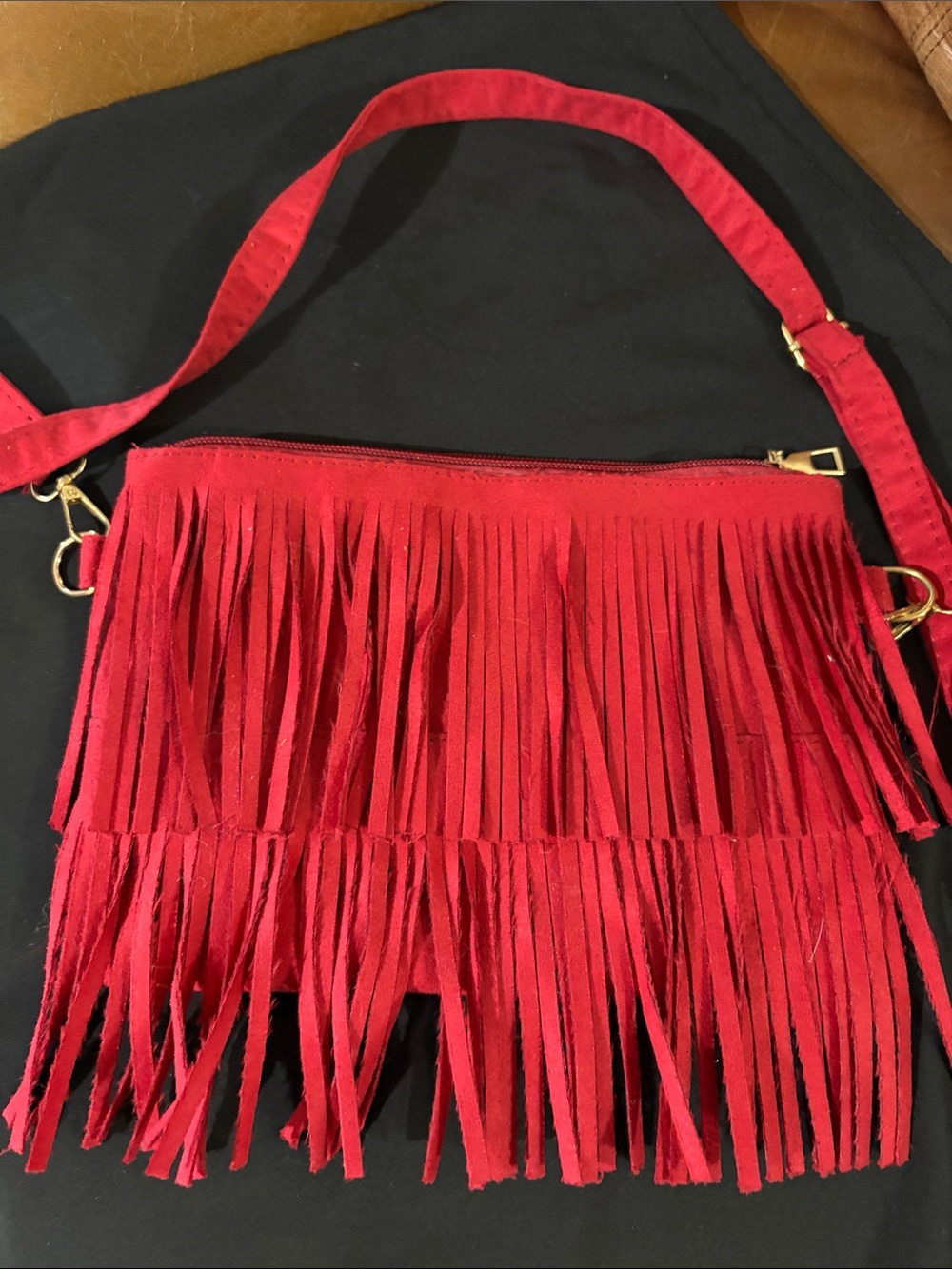 Red Fringe Crossbody Bag with Adjustable Strap
